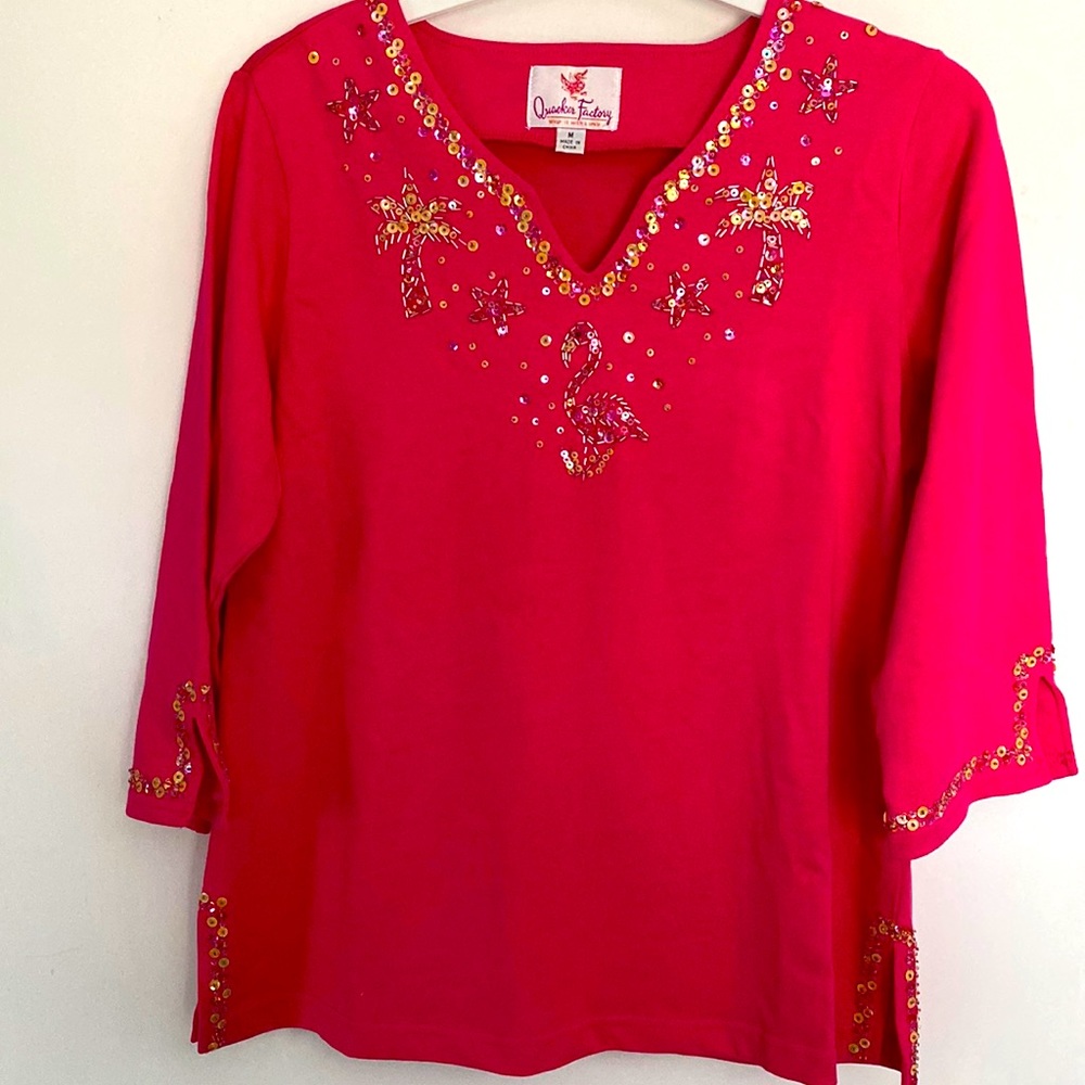 Quacker Factory 100% cotton.Special T-shirt. Bright pink w/embellishme